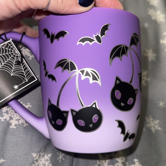 NEW Cobwebs & Cauldrons Matte Purple Black Cat Cherries Mug - Picture 4 of 4